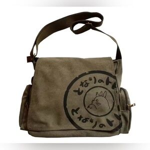 Canvas Messenger Bag with Studio Ghibli Totoro Print - Olive Green NWOT